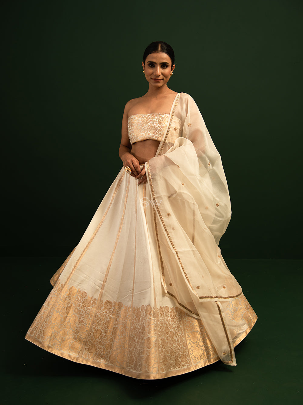 Off White Satin Silk Handloom Banarasi Lehenga - Sacred Weaves