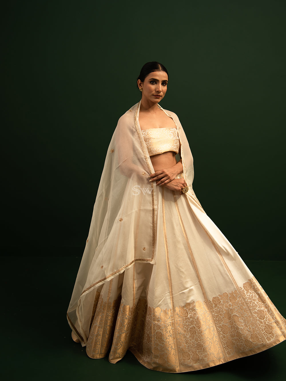 Off White Satin Silk Handloom Banarasi Lehenga - Sacred Weaves