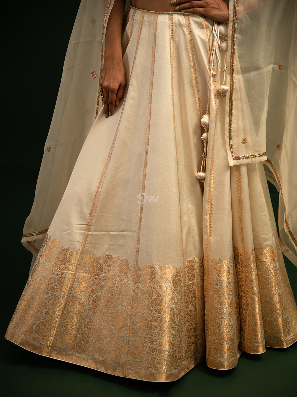 Off White Satin Silk Handloom Banarasi Lehenga - Sacred Weaves