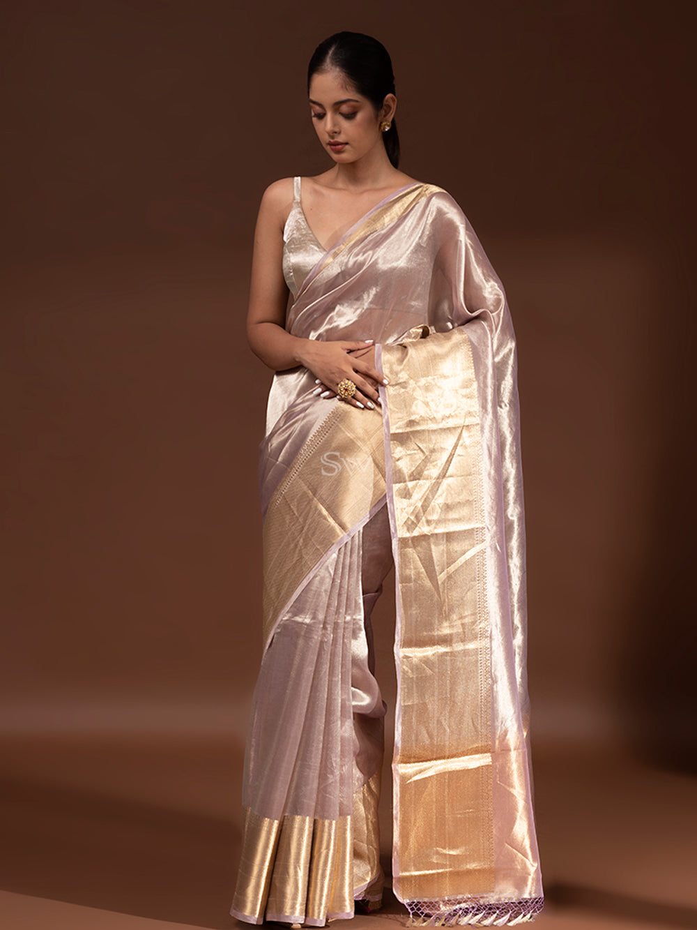 Dusty Lilac Plain Tissue Handloom Banarasi Saree - Sacred Weaves