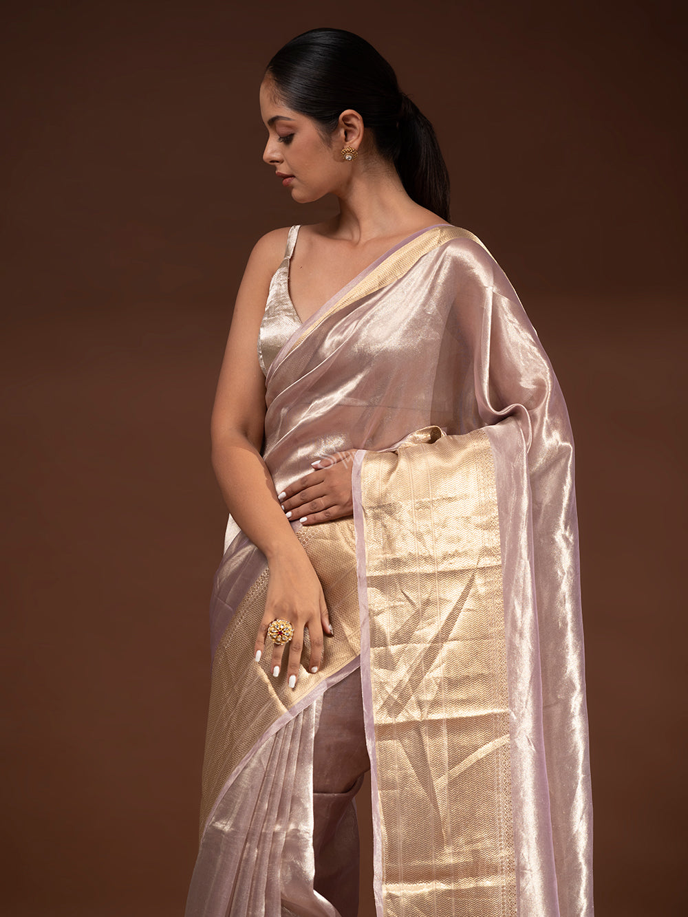 Dusty Lilac Plain Tissue Handloom Banarasi Saree - Sacred Weaves