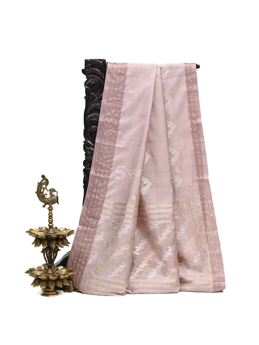 Dusty Pink Stripe Katan Silk Handloom Banarasi Saree - Sacred Weaves