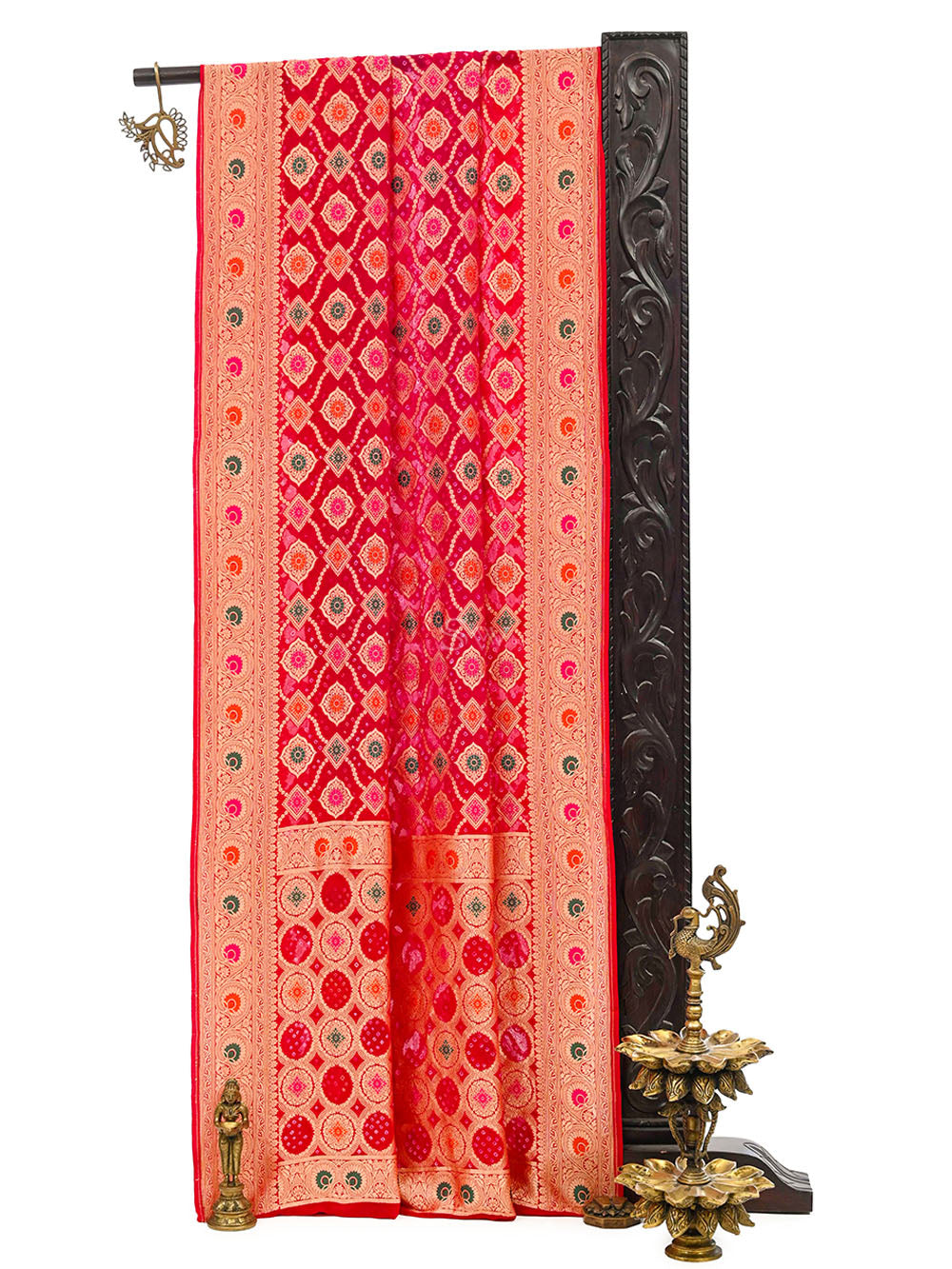 Maroon Magenta Bandhani Khaddi Georgette Handloom Banarasi Saree - Sacred Weaves