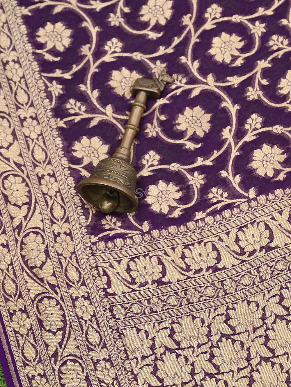 Purple Jaal Khaddi Georgette Handloom Banarasi Saree - Sacred Weaves