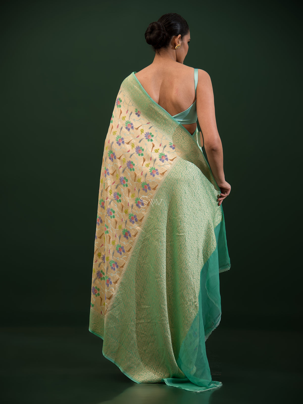 Sea Green Rangkat Georgette Tissue Handloom Banarasi Saree - Sacred Weaves