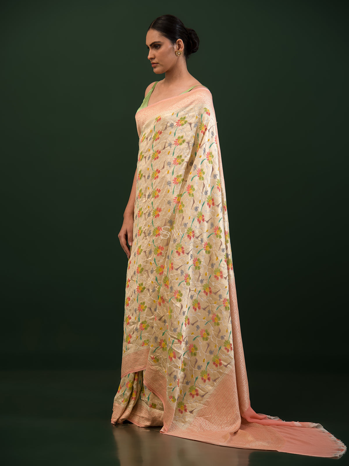 Beige Peach Rangkat Georgette Tissue Handloom Banarasi Saree - Sacred Weaves