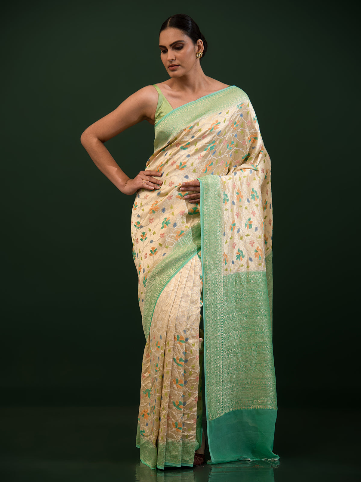 Beige Green Rangkat Georgette Tissue Handloom Banarasi Saree - Sacred Weaves