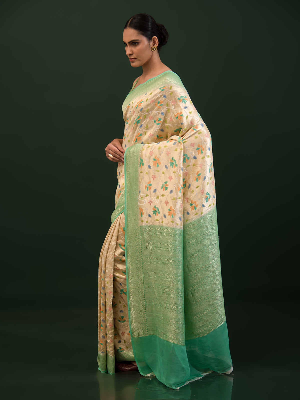 Beige Green Rangkat Georgette Tissue Handloom Banarasi Saree - Sacred Weaves