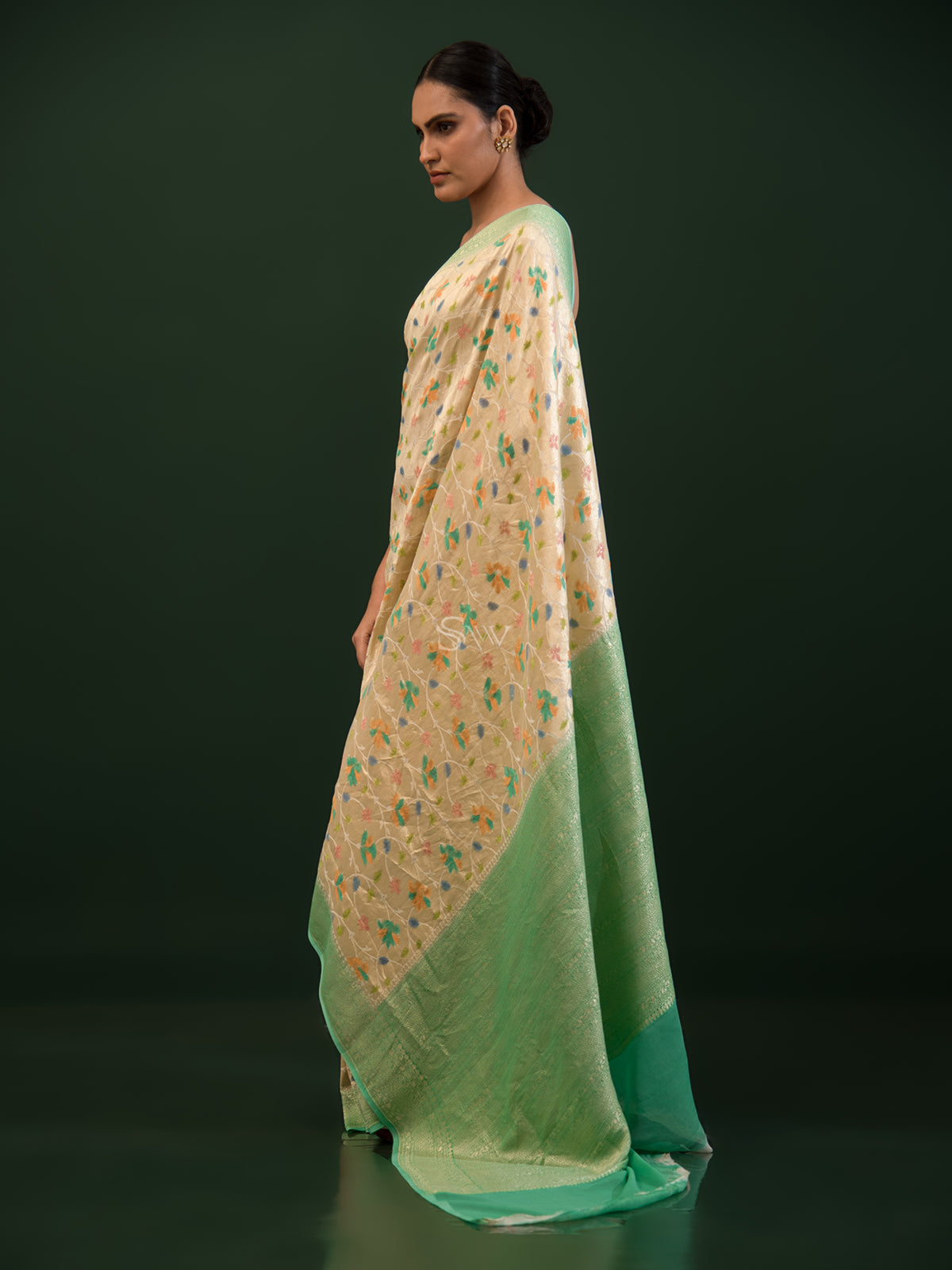 Beige Green Rangkat Georgette Tissue Handloom Banarasi Saree - Sacred Weaves