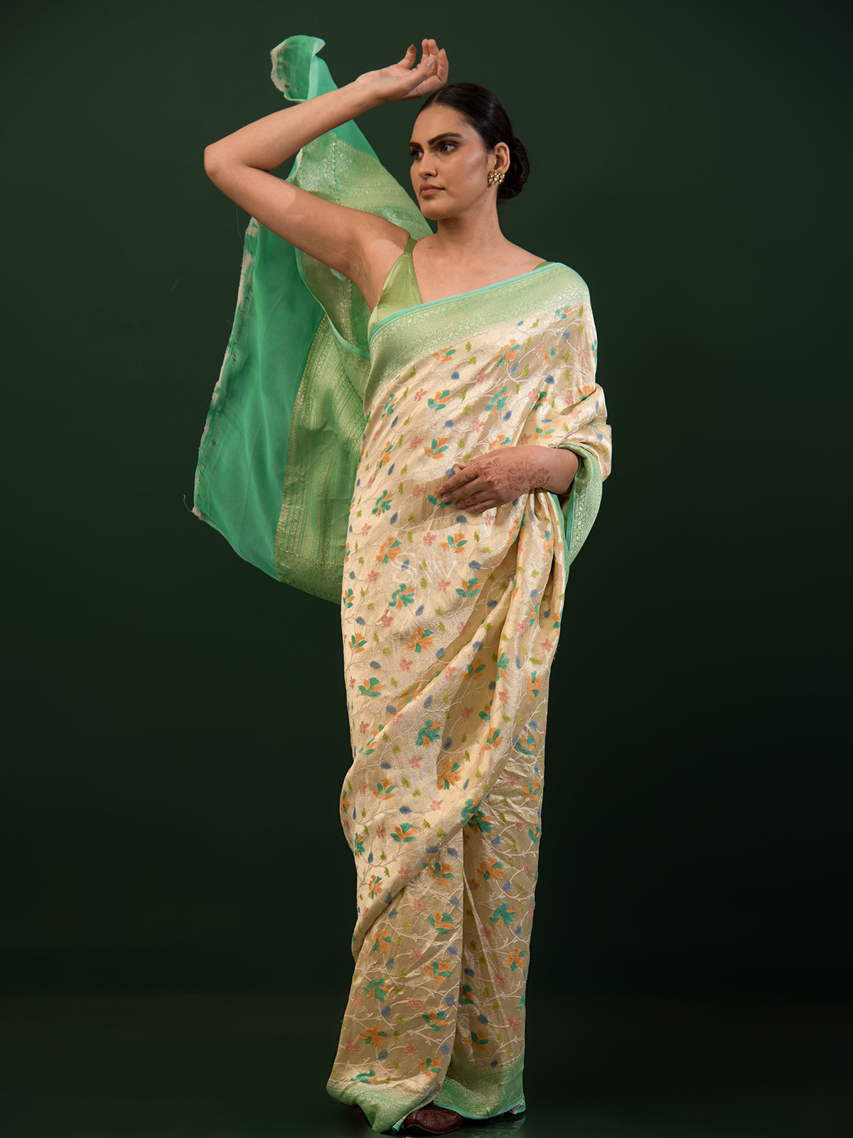 Beige Green Rangkat Georgette Tissue Handloom Banarasi Saree - Sacred Weaves