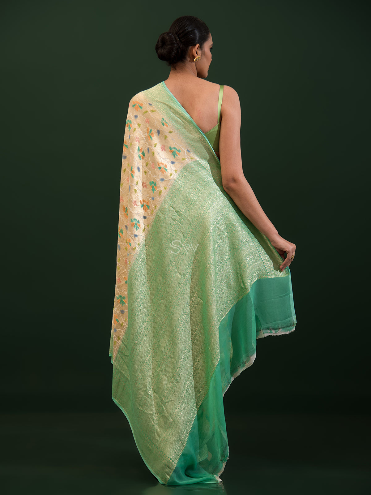 Beige Green Rangkat Georgette Tissue Handloom Banarasi Saree - Sacred Weaves