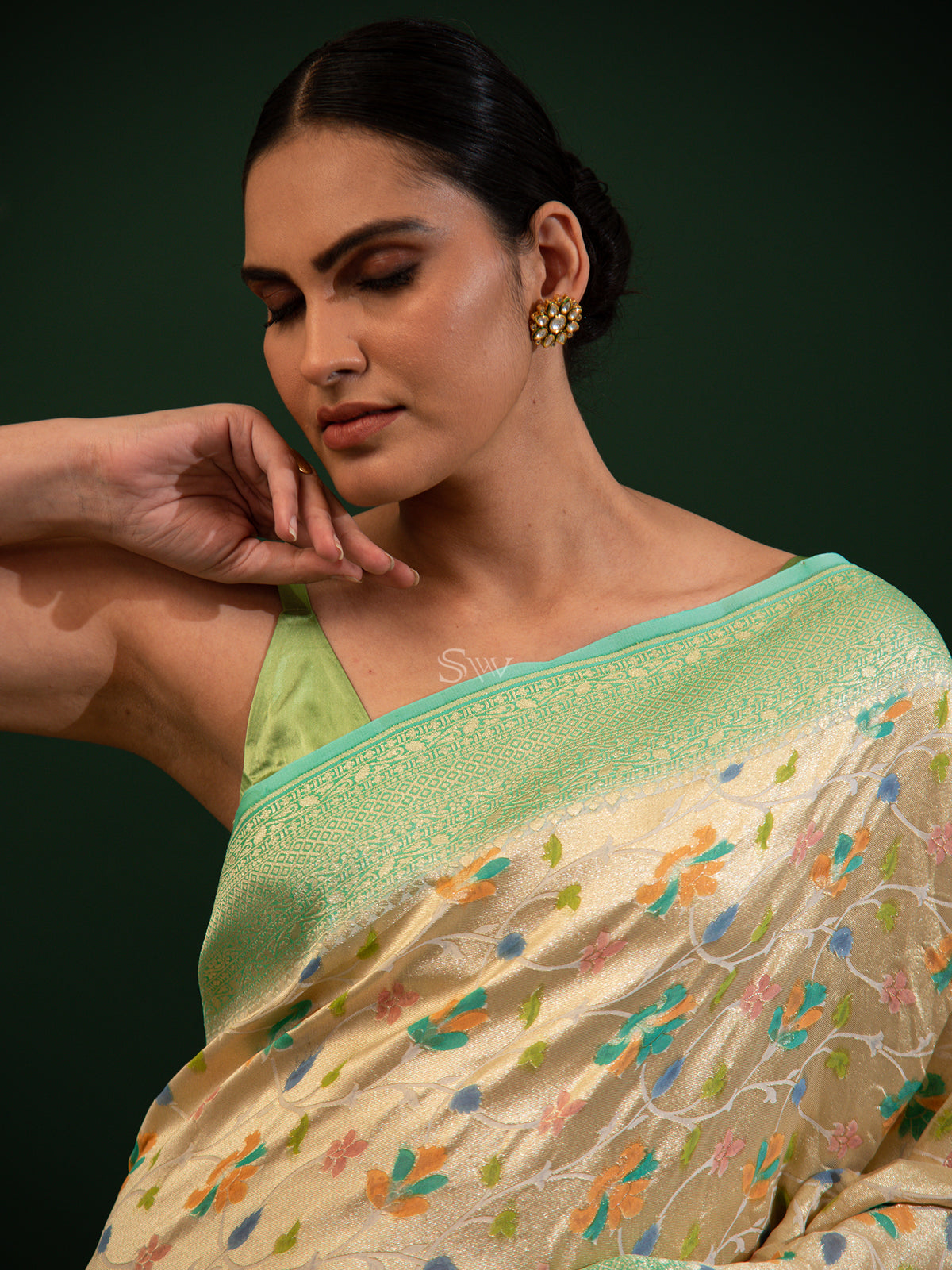 Beige Green Rangkat Georgette Tissue Handloom Banarasi Saree - Sacred Weaves