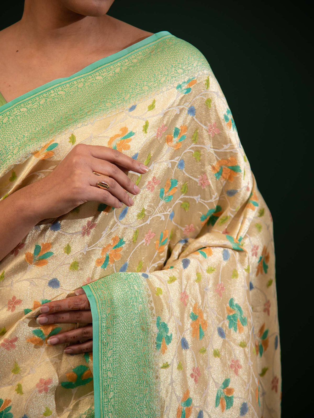 Beige Green Rangkat Georgette Tissue Handloom Banarasi Saree - Sacred Weaves