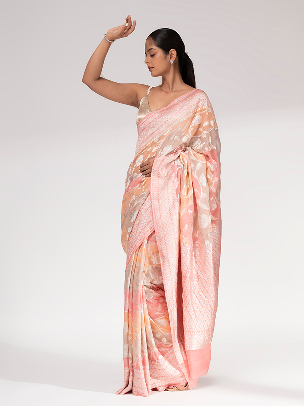 Pastel Pink Peach Rangkat Khaddi Georgette Handloom Banarasi Saree - Sacred Weaves
