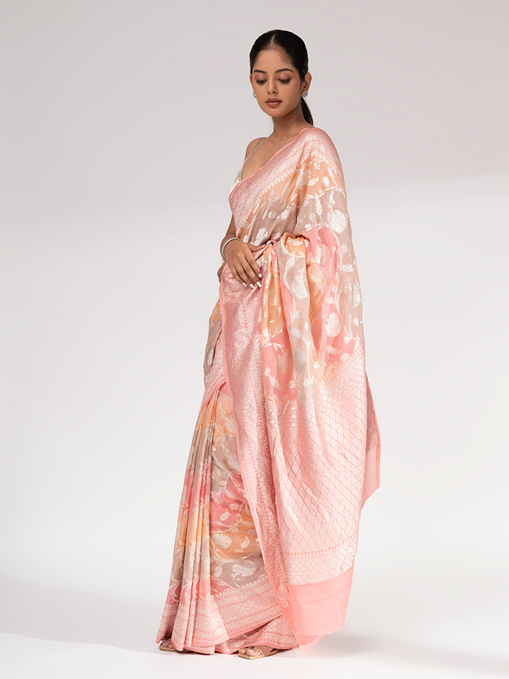 Pastel Pink Peach Rangkat Khaddi Georgette Handloom Banarasi Saree - Sacred Weaves
