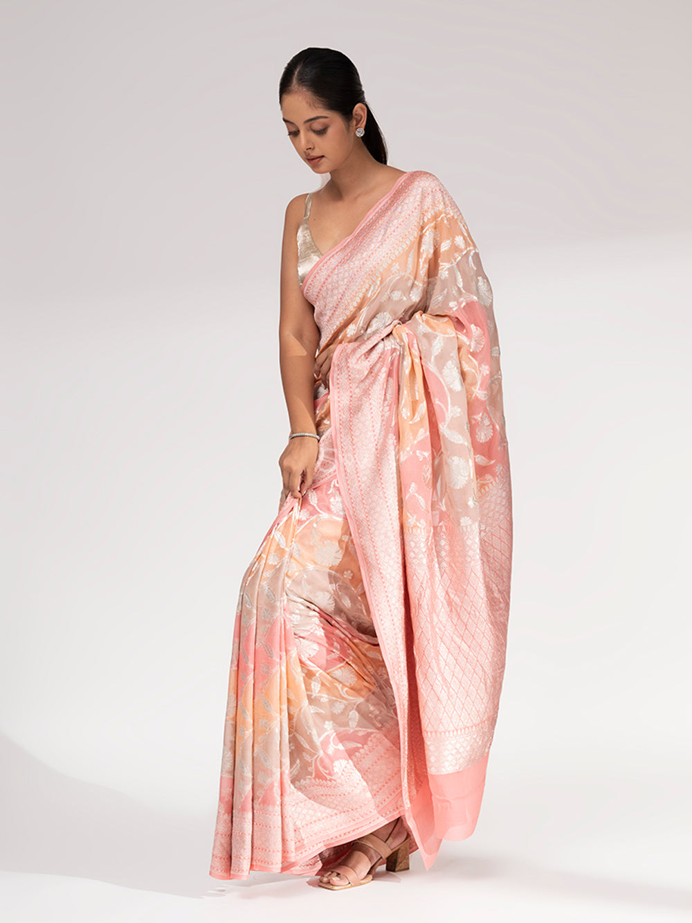 Pastel Pink Peach Rangkat Khaddi Georgette Handloom Banarasi Saree - Sacred Weaves
