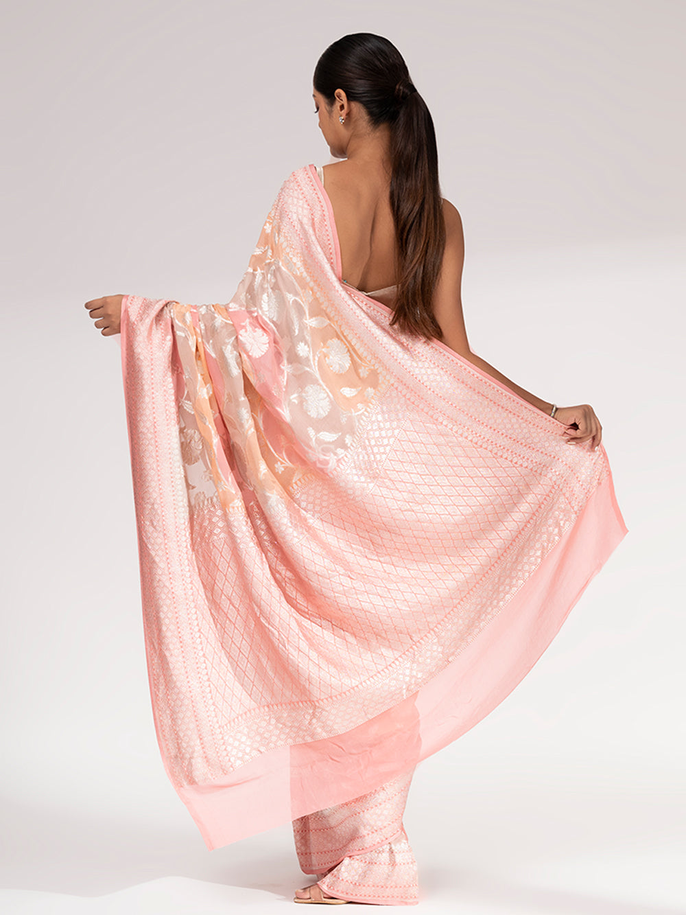Pastel Pink Peach Rangkat Khaddi Georgette Handloom Banarasi Saree - Sacred Weaves