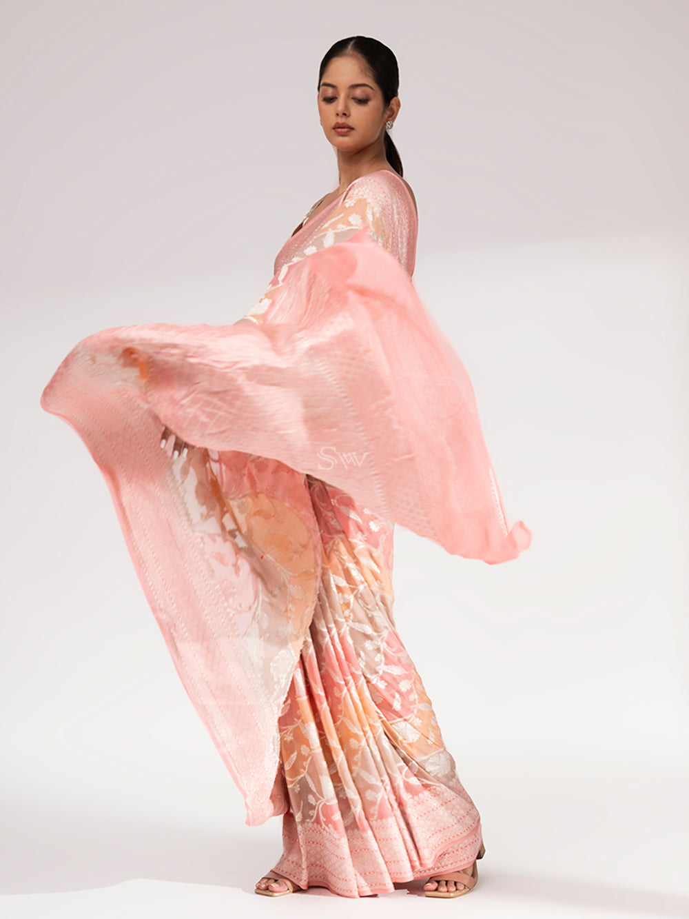 Pastel Pink Peach Rangkat Khaddi Georgette Handloom Banarasi Saree - Sacred Weaves