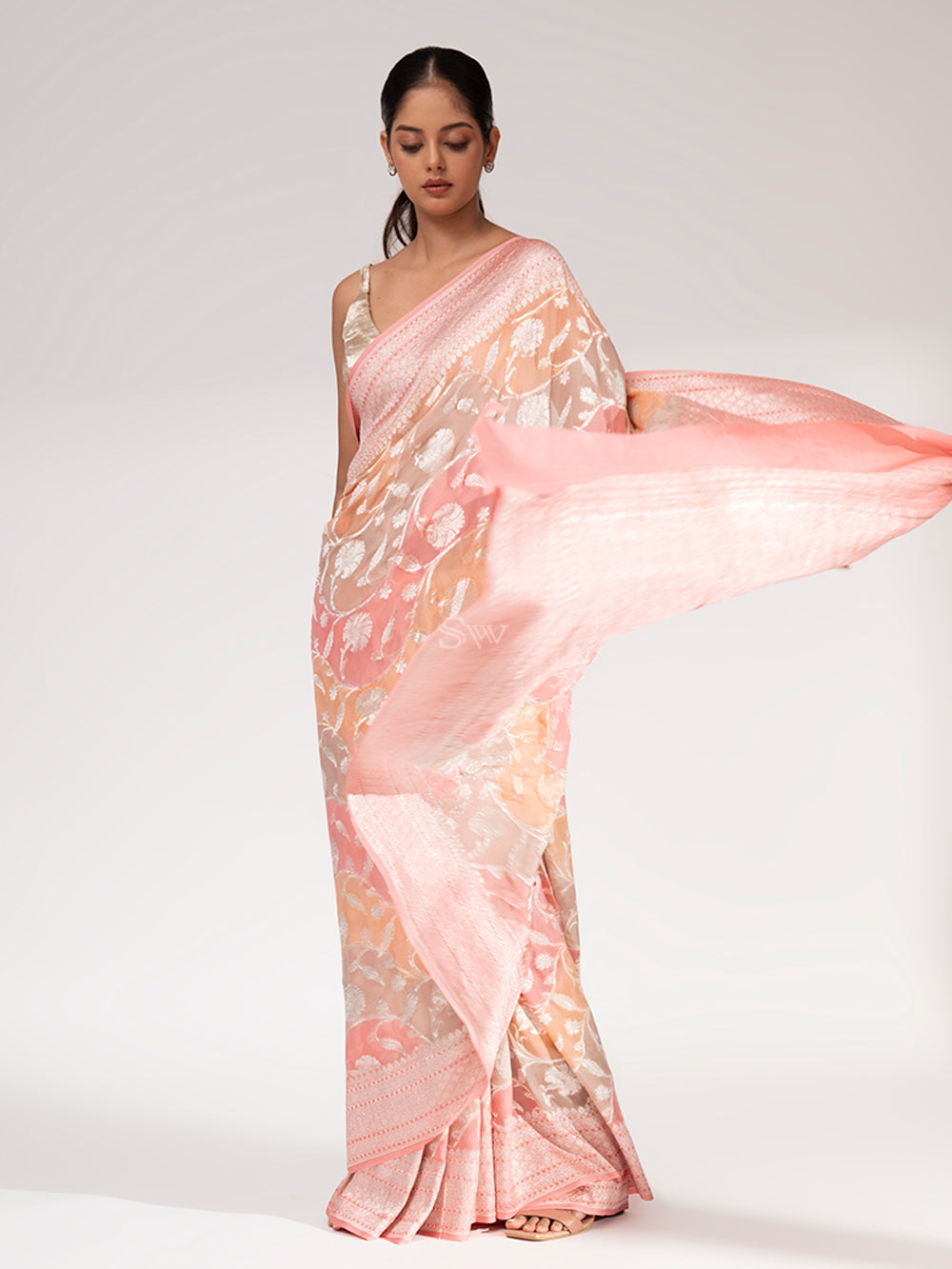 Pastel Pink Peach Rangkat Khaddi Georgette Handloom Banarasi Saree - Sacred Weaves