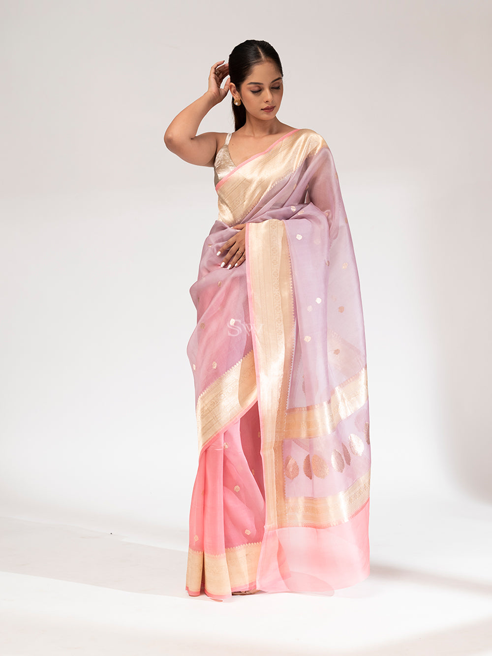 Coral Pink Organza Handloom Banarasi Saree - Sacred Weaves