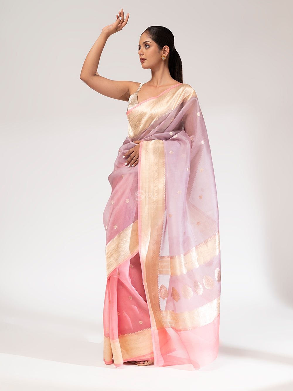 Coral Pink Organza Handloom Banarasi Saree - Sacred Weaves