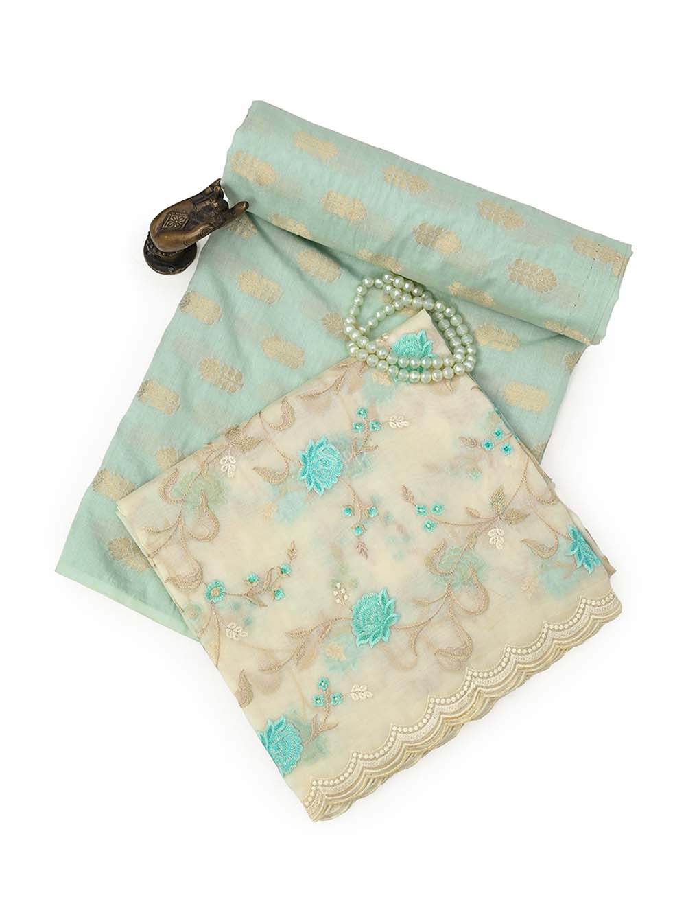 Mint Green Booti Cotton Silk Handloom Banarasi Suit - Sacred Weaves