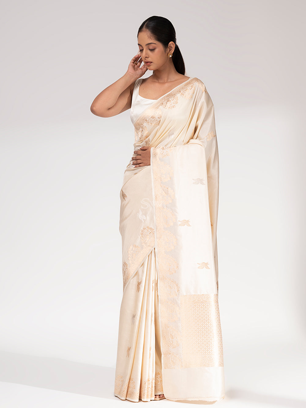 Cream Summer Silk Handloom Banarasi Saree - Sacred Weaves
