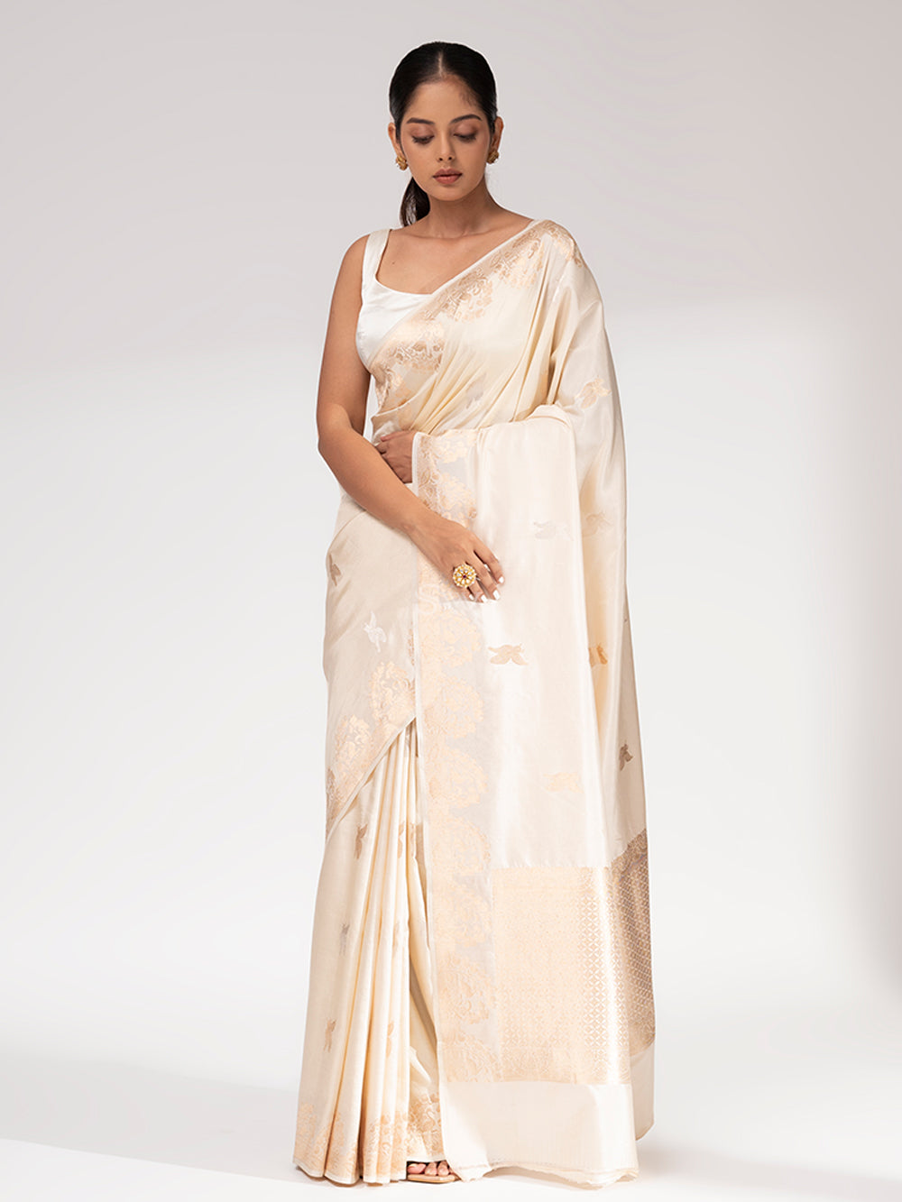 Cream Summer Silk Handloom Banarasi Saree - Sacred Weaves