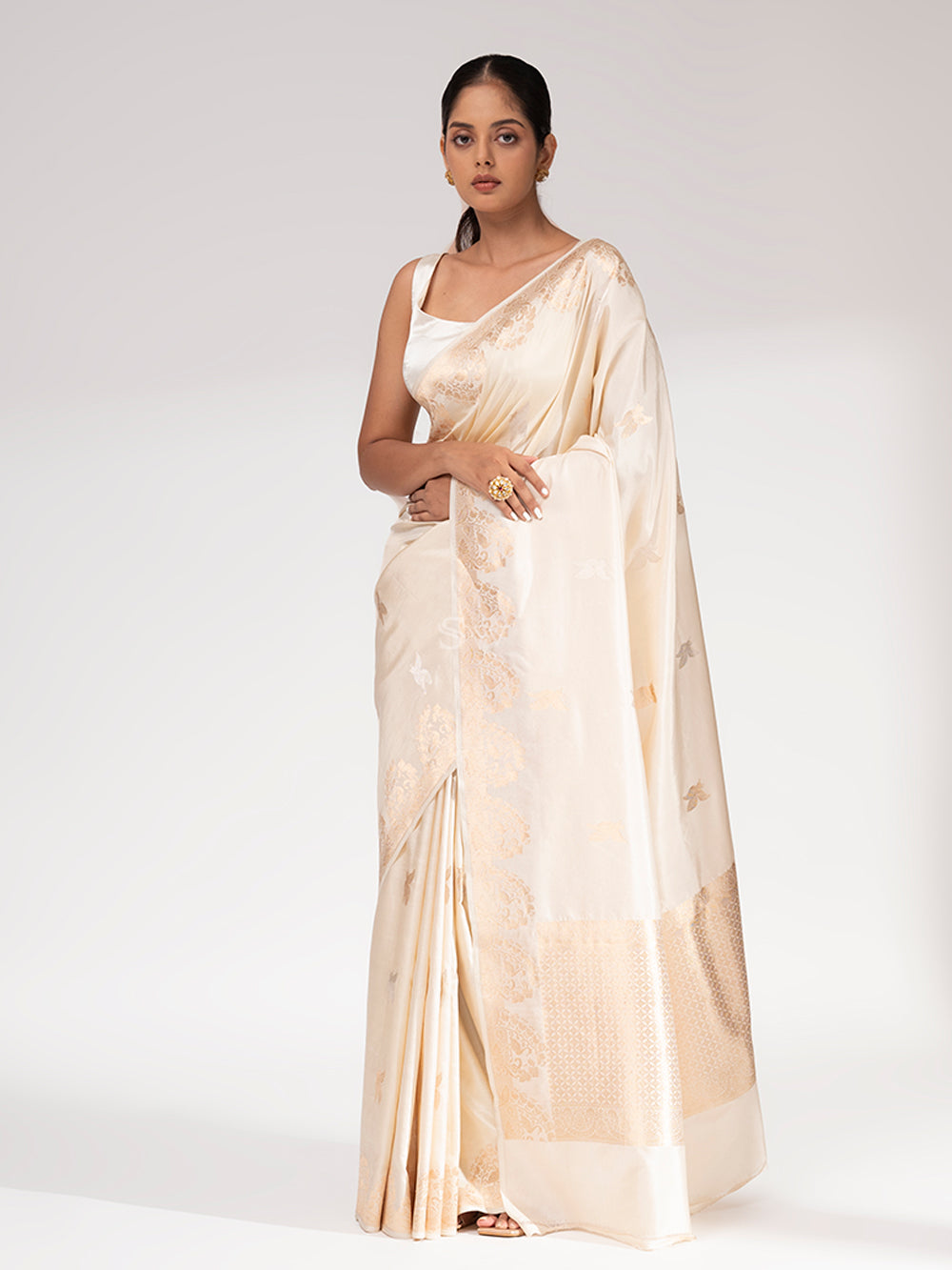 Cream Summer Silk Handloom Banarasi Saree - Sacred Weaves