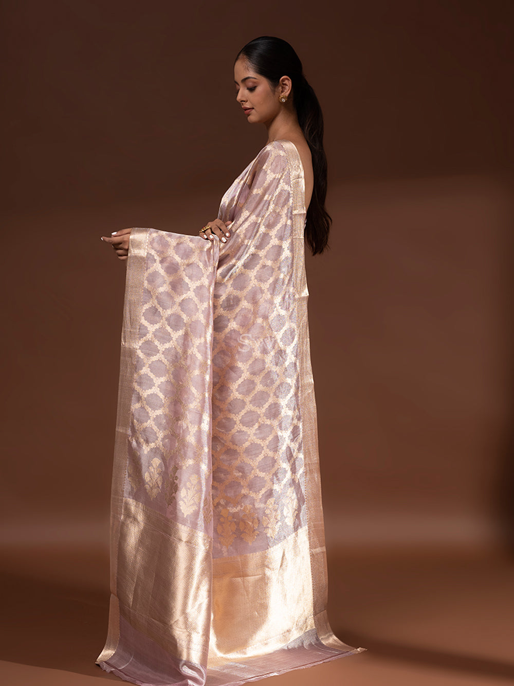 Pastel Lilac Tissue Handloom Banarasi Saree - Sacred Weaves
