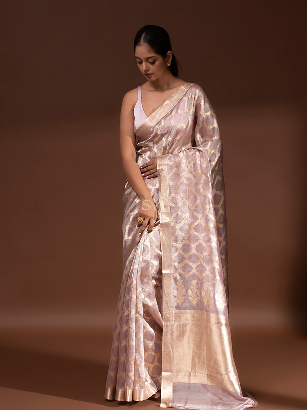 Pastel Lilac Tissue Handloom Banarasi Saree - Sacred Weaves