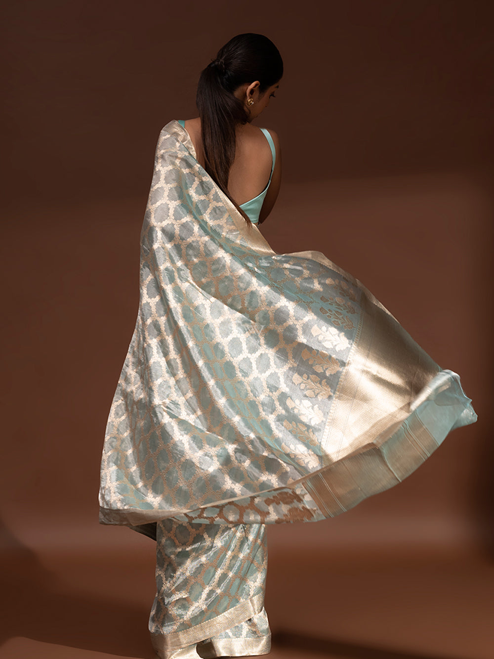 Sea Green Tissue Handloom Banarasi Saree - Sacred Weaves