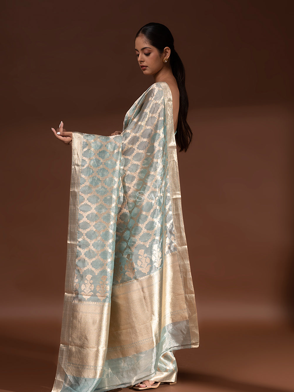 Sea Green Tissue Handloom Banarasi Saree - Sacred Weaves
