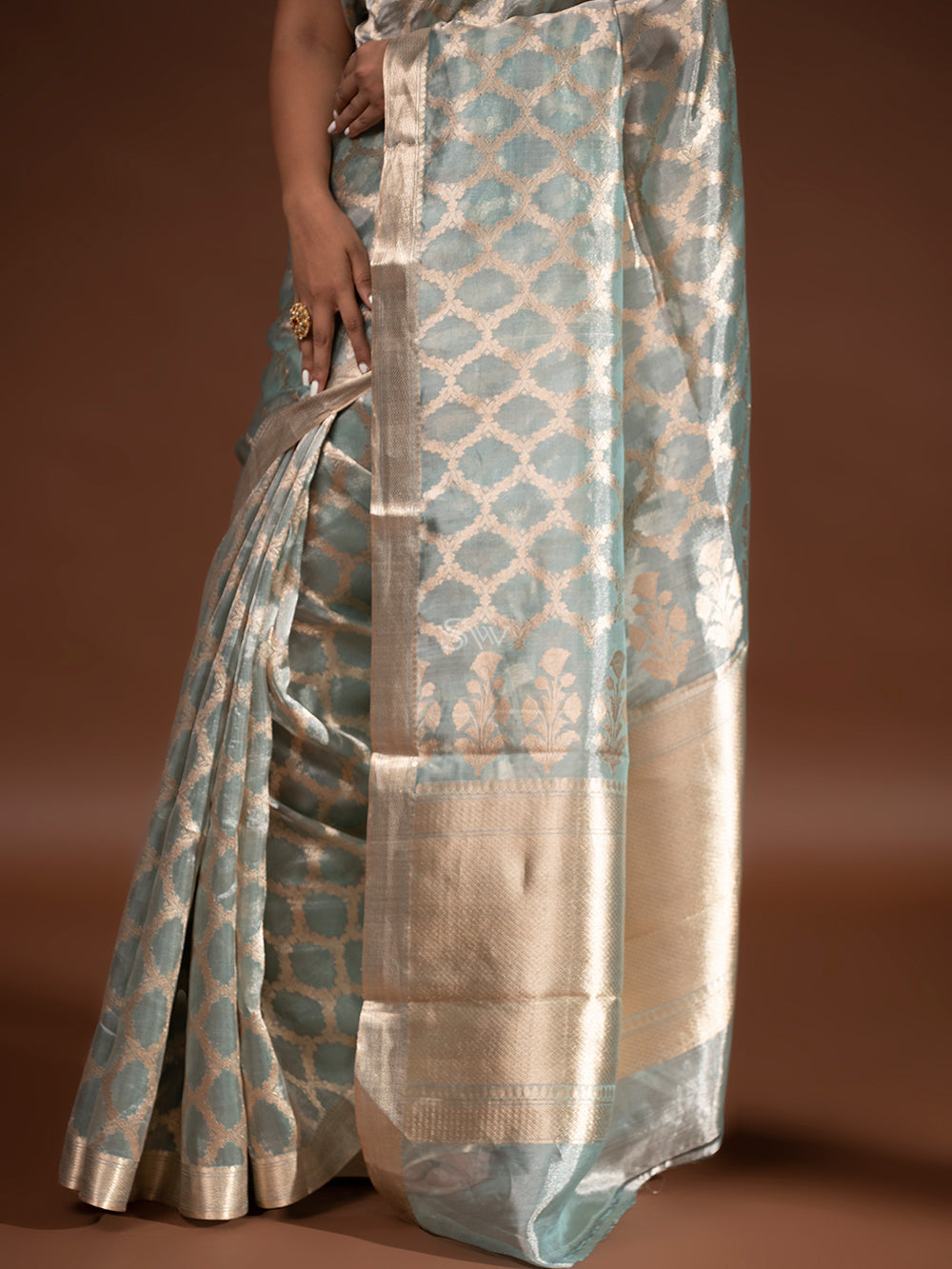 Sea Green Tissue Handloom Banarasi Saree - Sacred Weaves