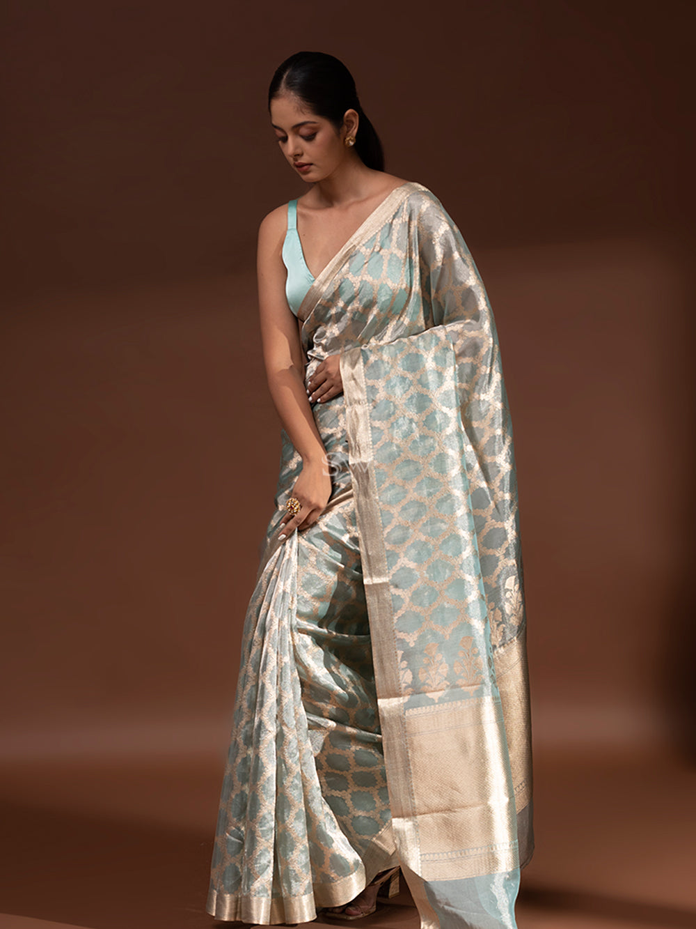 Sea Green Tissue Handloom Banarasi Saree - Sacred Weaves