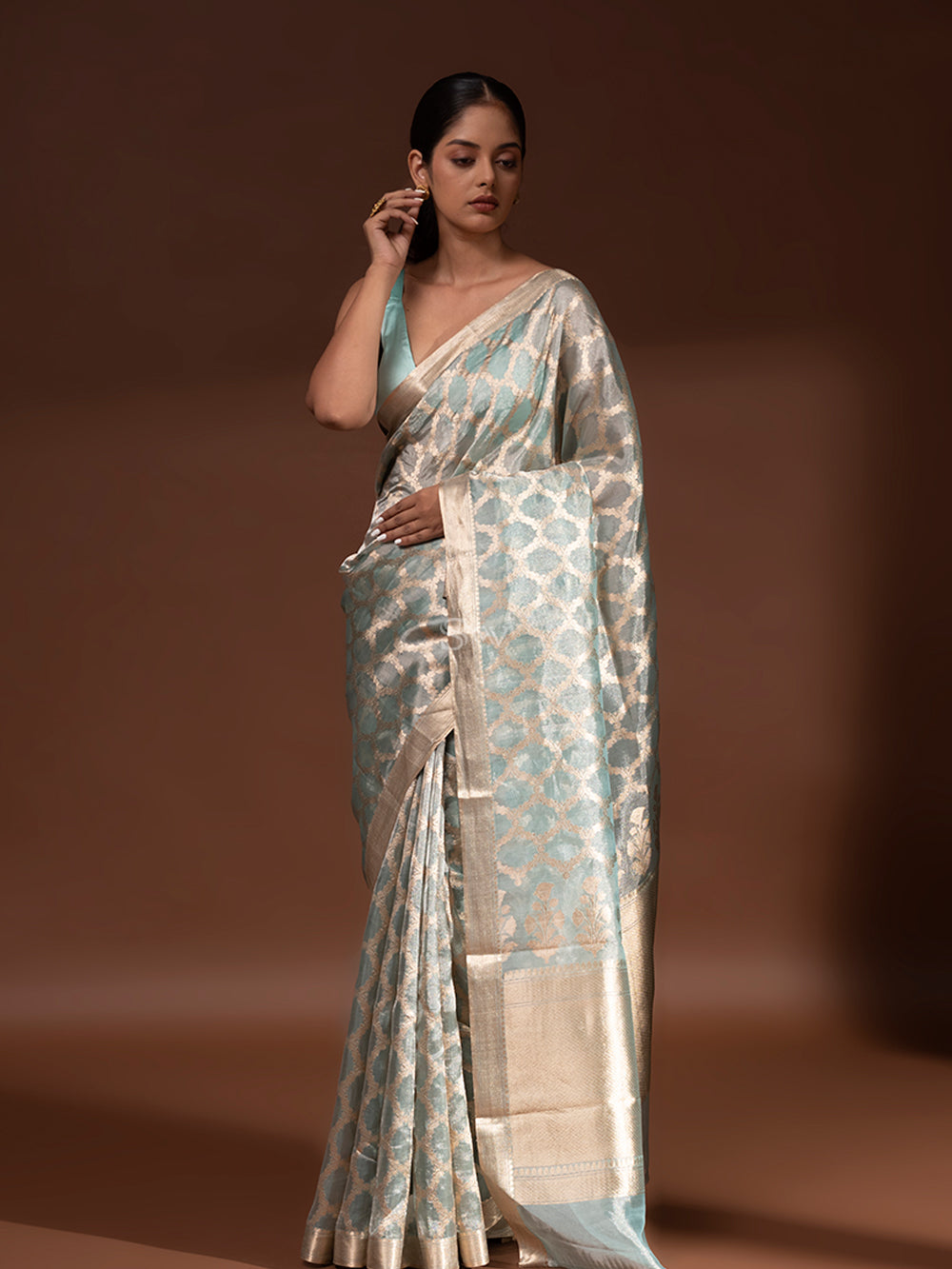 Sea Green Tissue Handloom Banarasi Saree - Sacred Weaves