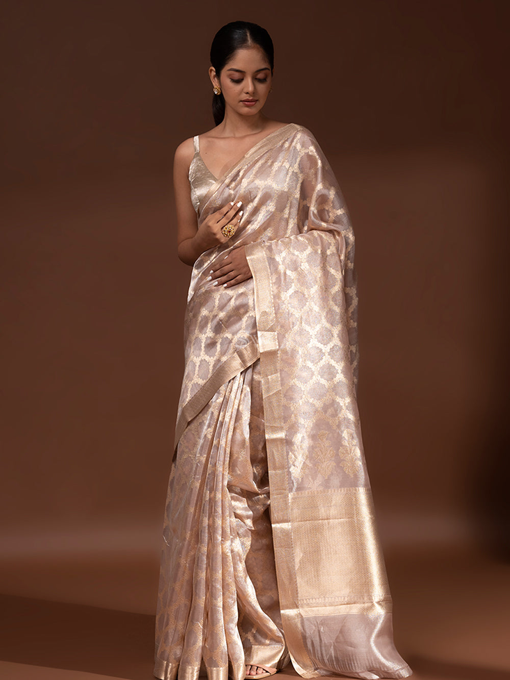 Pastel Peach Tissue Handloom Banarasi Saree - Sacred Weaves