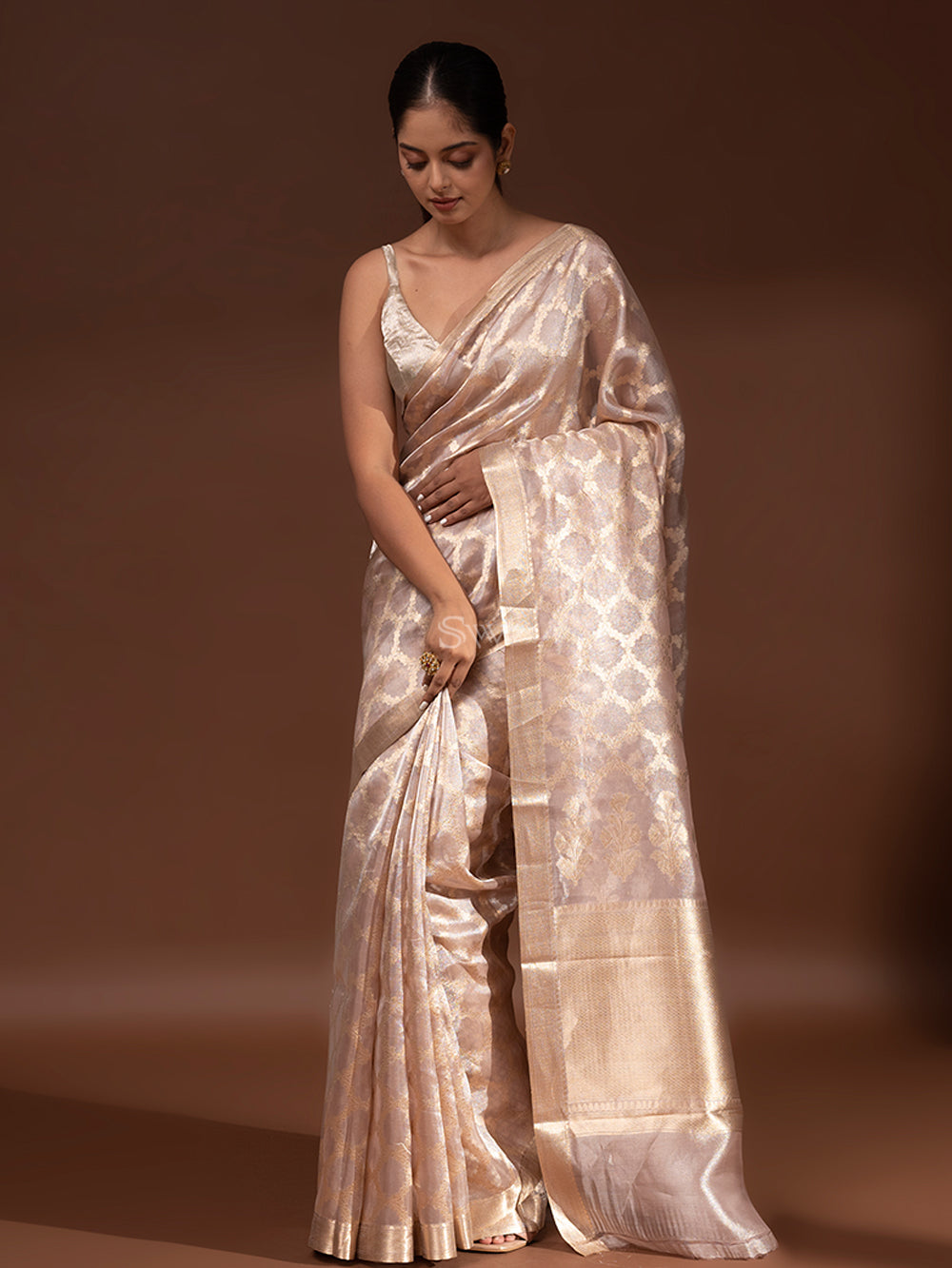 Pastel Peach Tissue Handloom Banarasi Saree - Sacred Weaves