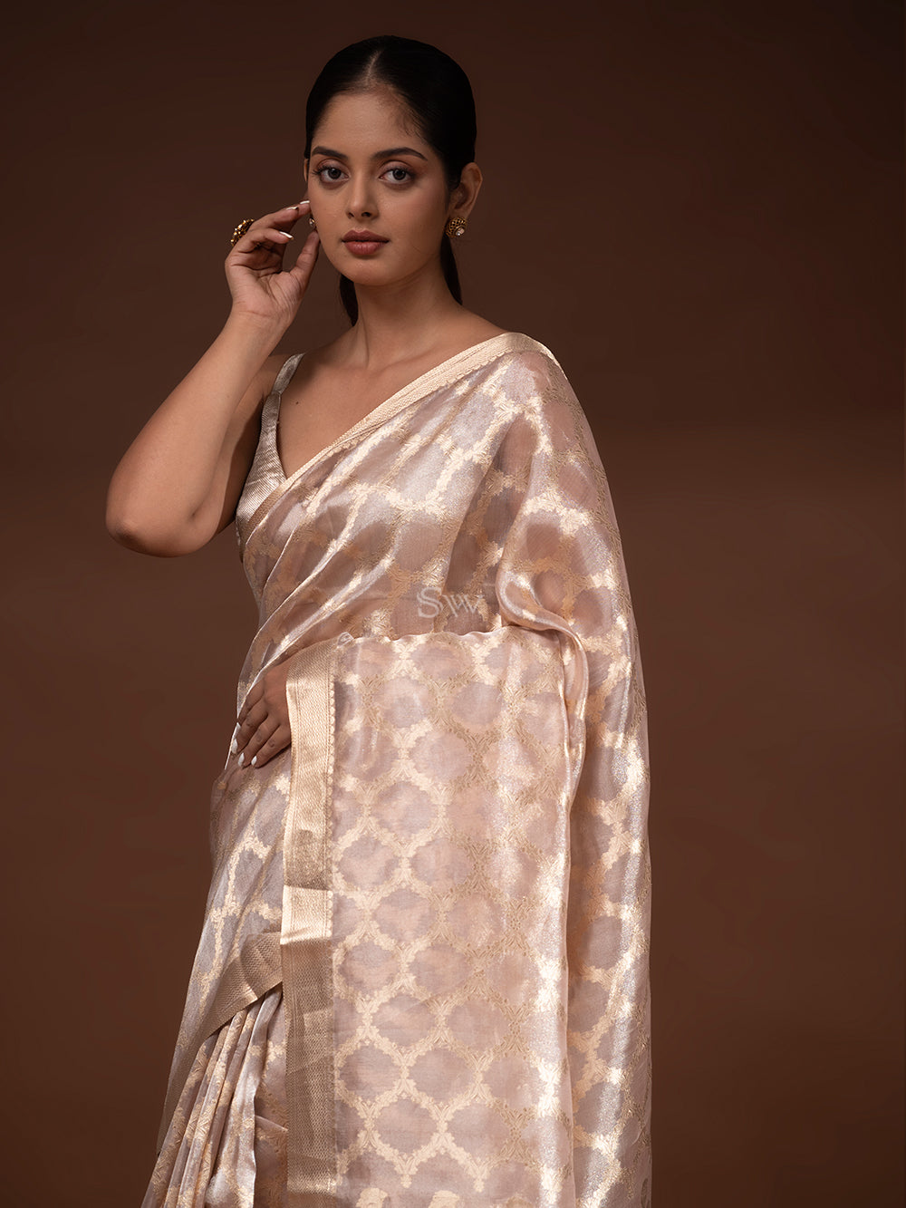 Pastel Peach Tissue Handloom Banarasi Saree - Sacred Weaves