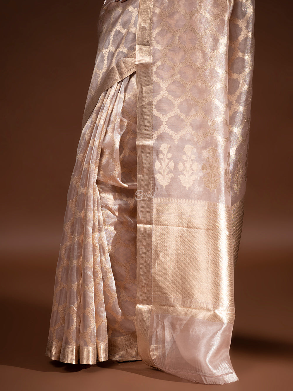 Pastel Peach Tissue Handloom Banarasi Saree - Sacred Weaves