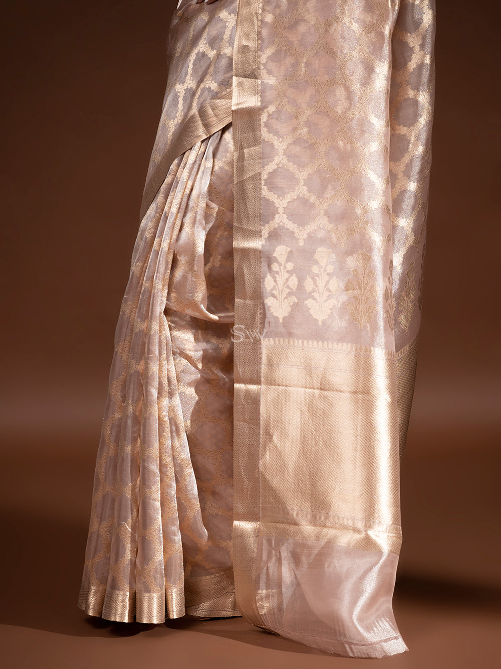 Pastel Peach Tissue Handloom Banarasi Saree - Sacred Weaves