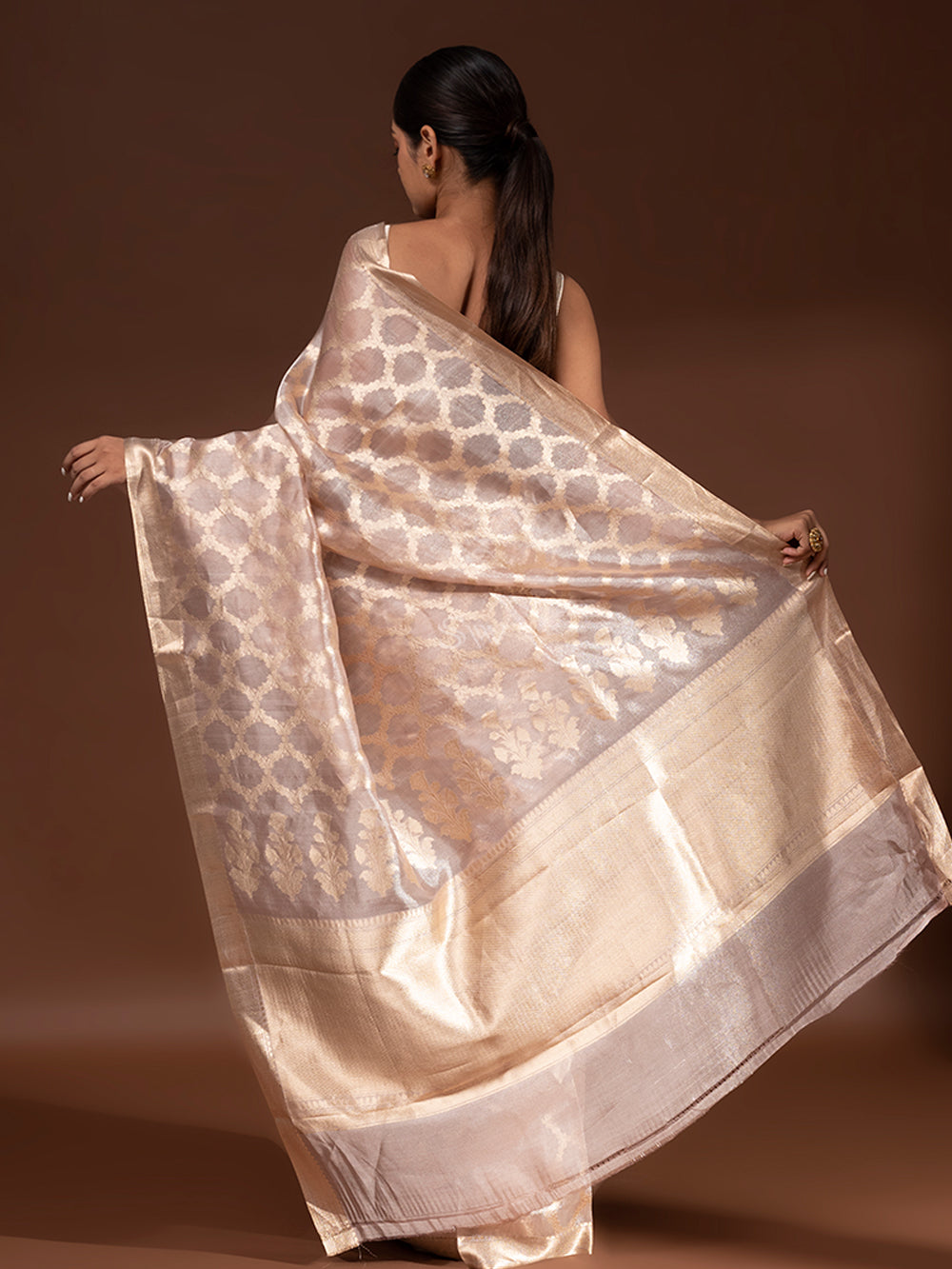 Pastel Peach Tissue Handloom Banarasi Saree - Sacred Weaves