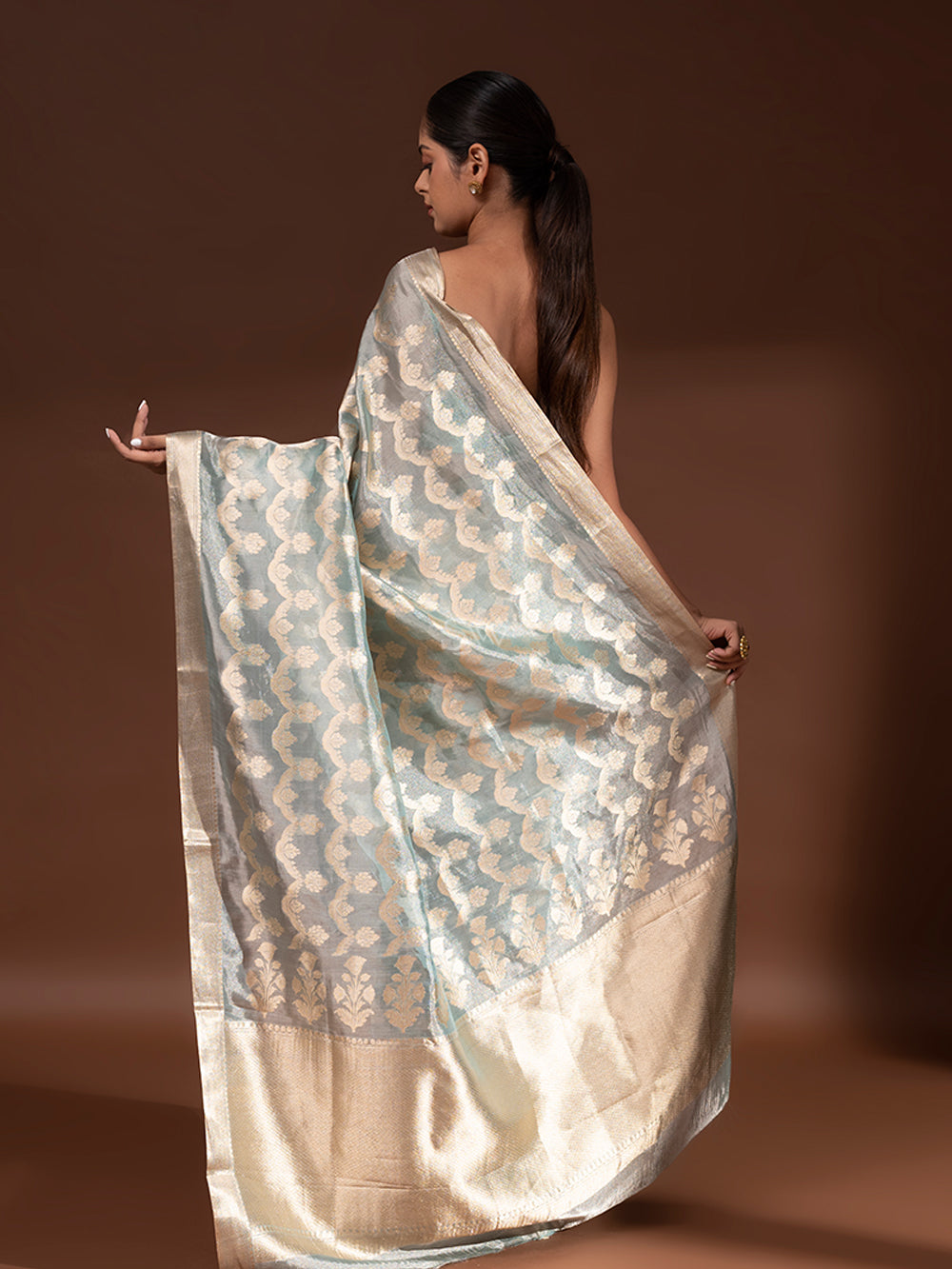 Sea Green Jaal Tissue Handloom Banarasi Saree - Sacred Weaves