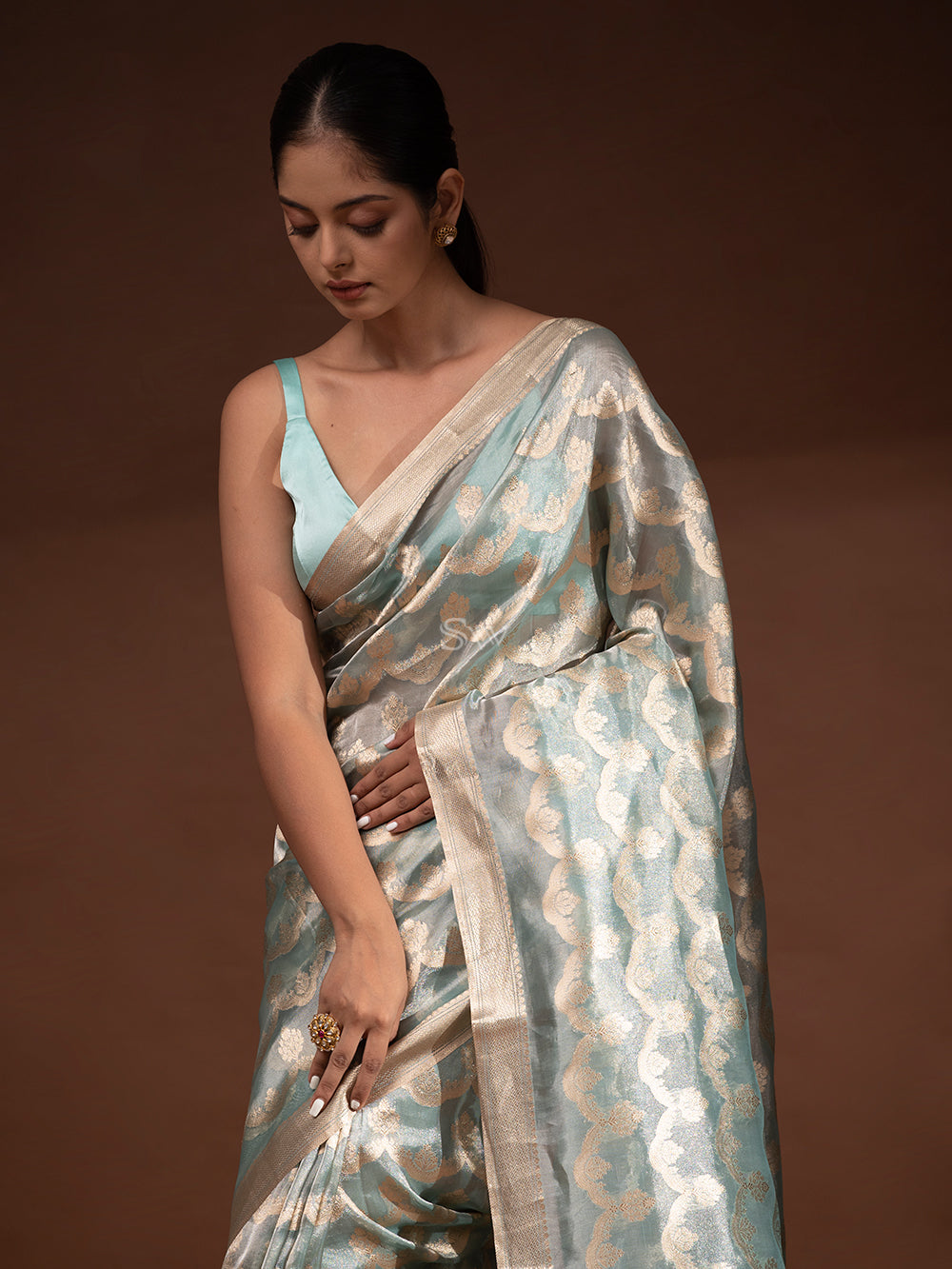 Sea Green Jaal Tissue Handloom Banarasi Saree - Sacred Weaves