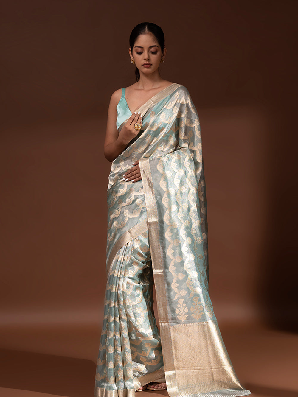 Sea Green Jaal Tissue Handloom Banarasi Saree - Sacred Weaves