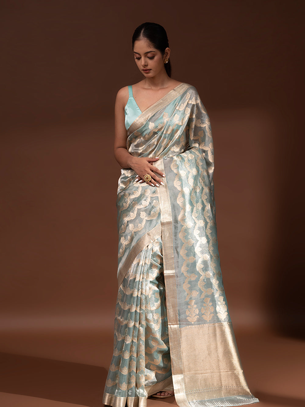Sea Green Jaal Tissue Handloom Banarasi Saree - Sacred Weaves