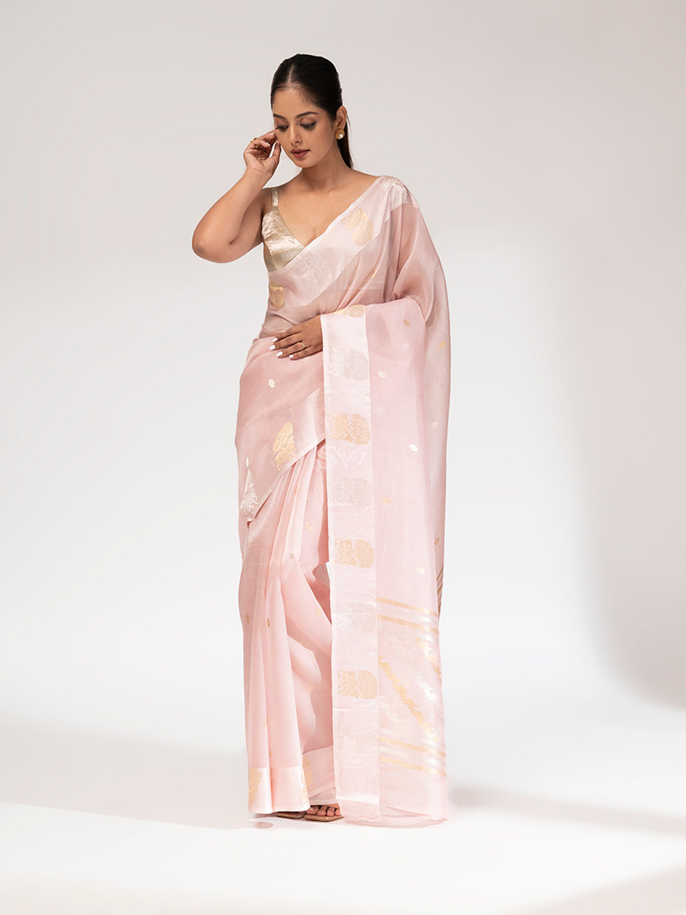 Powder Pink Organza Handloom Banarasi Saree - Sacred Weaves