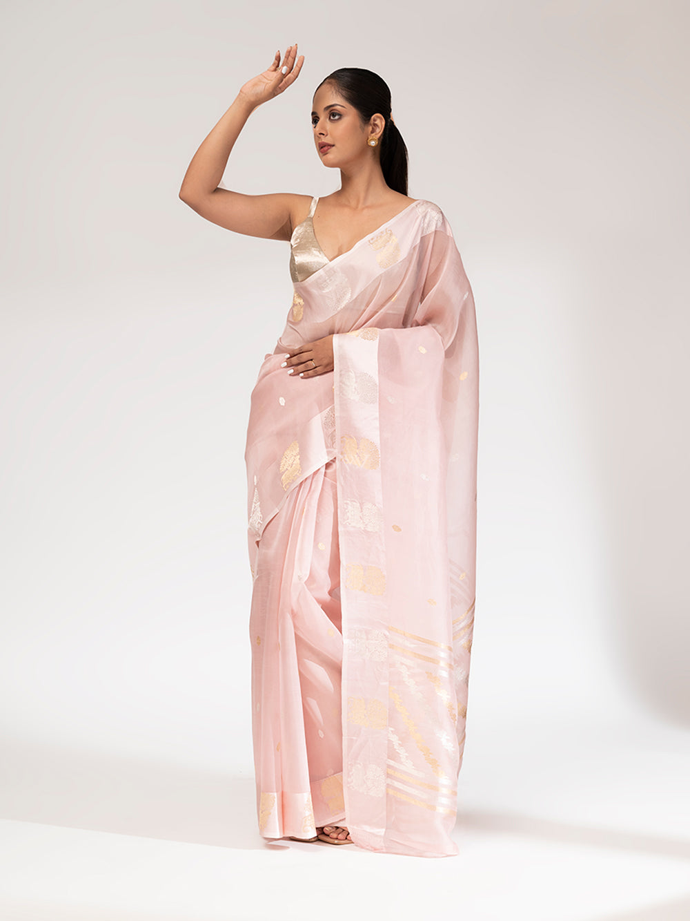 Powder Pink Organza Handloom Banarasi Saree - Sacred Weaves