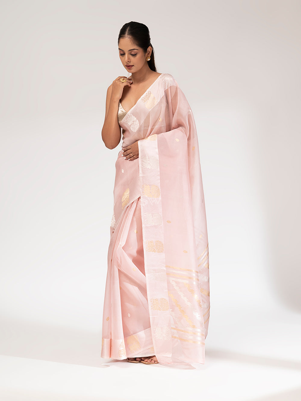Powder Pink Organza Handloom Banarasi Saree - Sacred Weaves