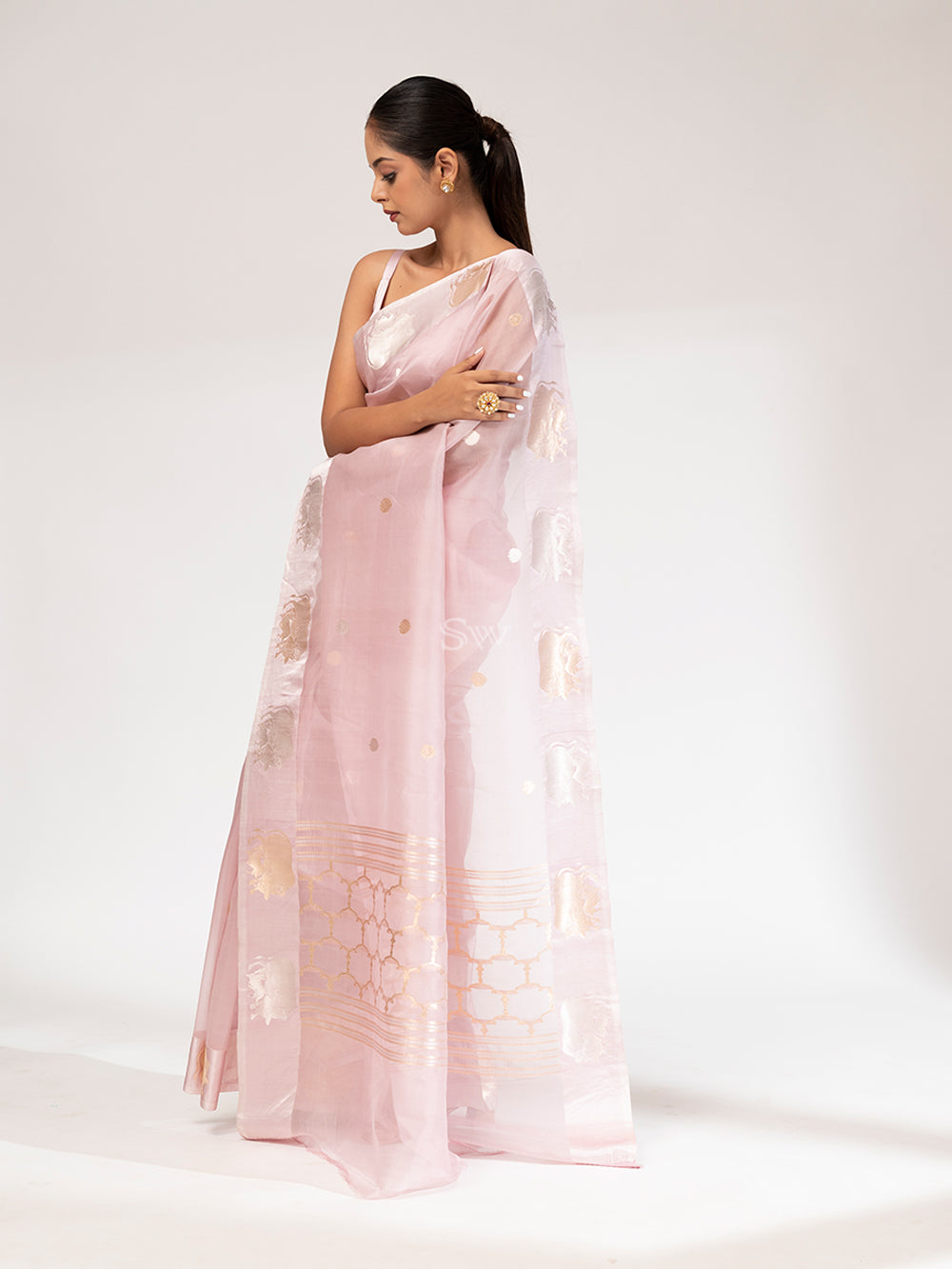 Powder Pink Organza Handloom Banarasi Saree - Sacred Weaves